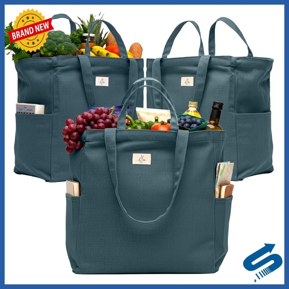 Heavy Duty Cotton Canvas Reusable Grocery Bags Multi Compartment Foldable